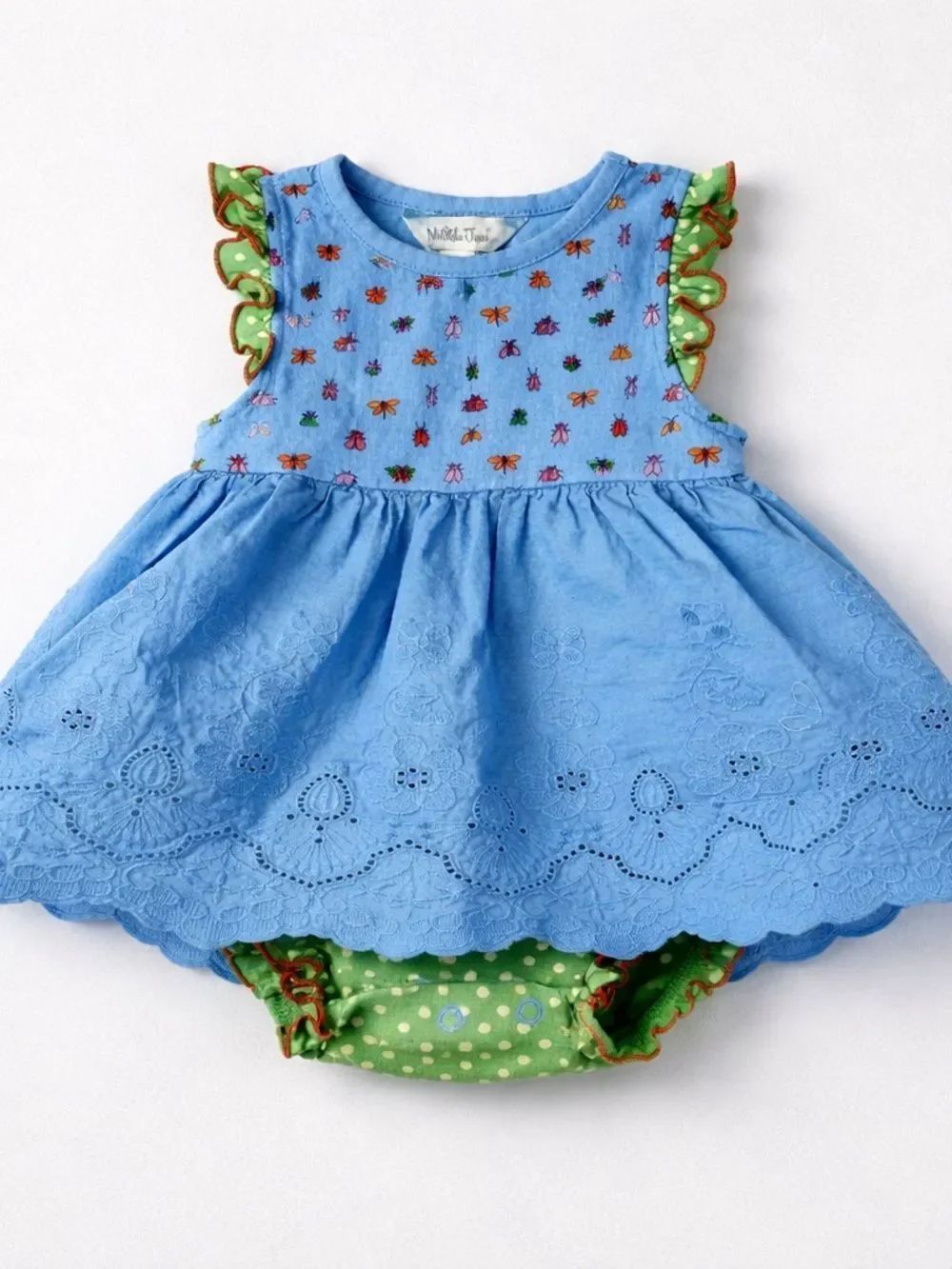 Matilda Jane blue bug print bodysuit dress with bug print and eyelet size 6-12 m